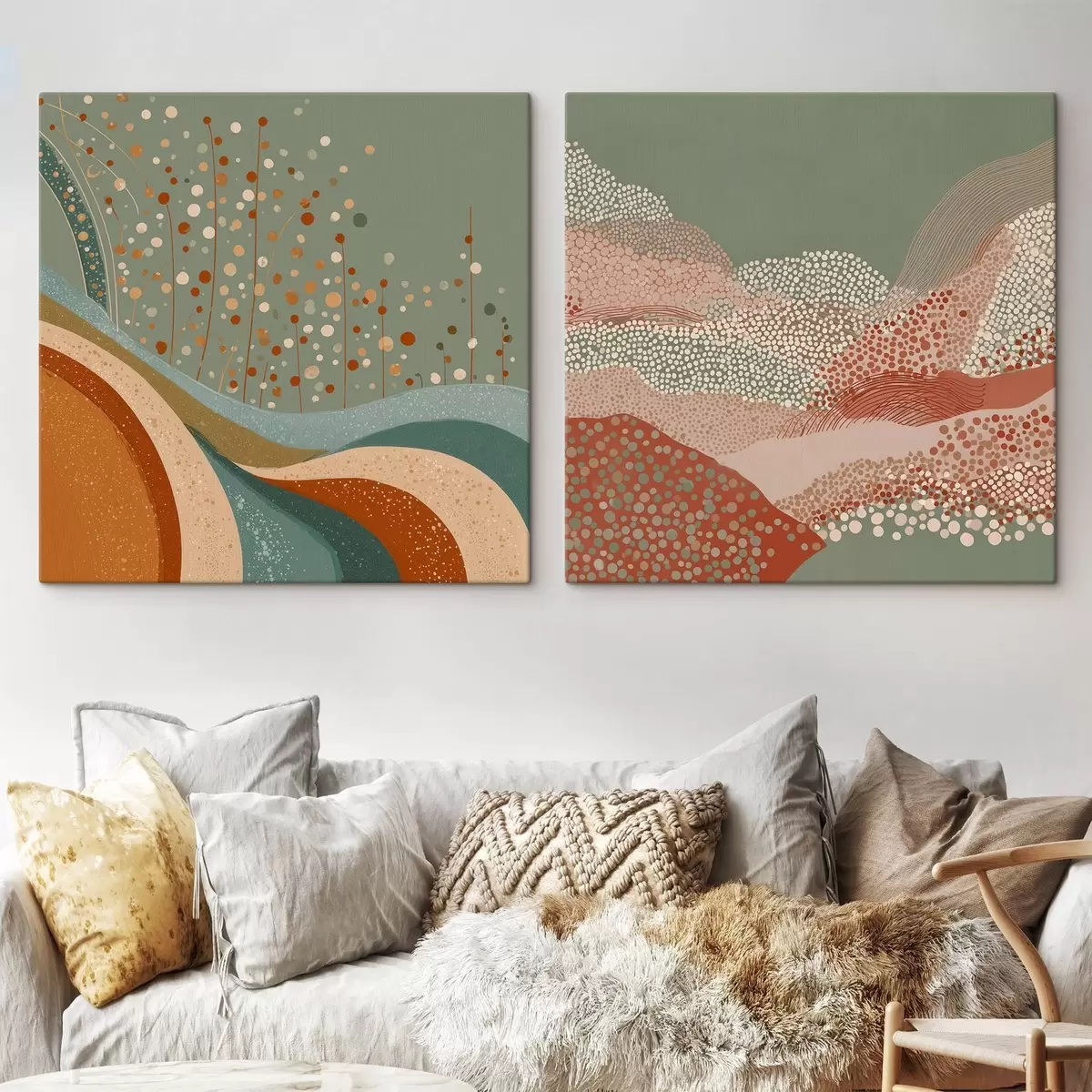 Wandbilder Zweiteilige abstrakte Landschaft mit gepunkteten und wellenförmigen Elementen m00987