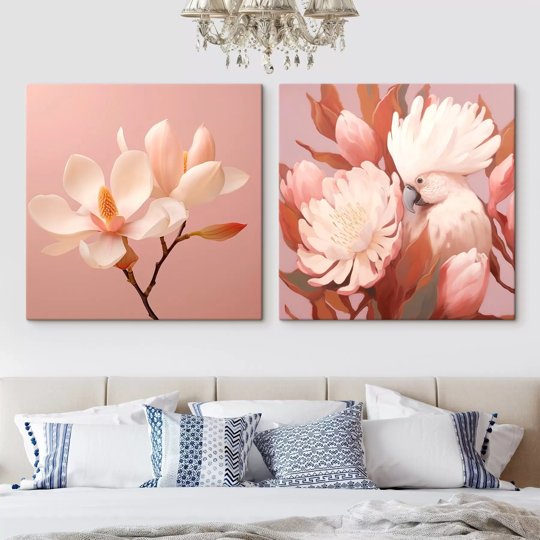 Wandbilder Blumenarrangement mit einem Vogel in künstlerischem Illustrationsstil m00994