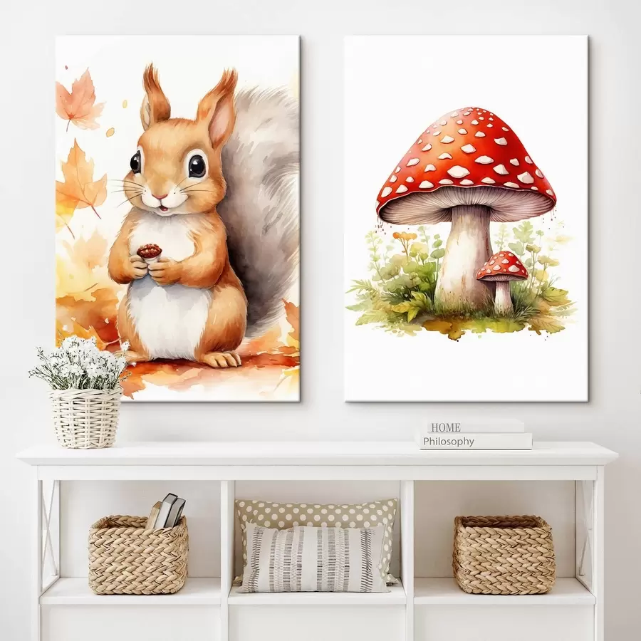 Wandbilder Eichhörnchen und Waldpilz, Fliegenpilz, Aquarellimitation m01049