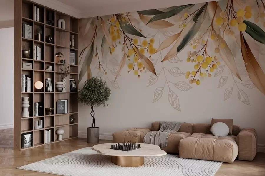 Fototapete Blüten und Blätter der Mimose, die im Aquarellstil von oben herabfallen w04880