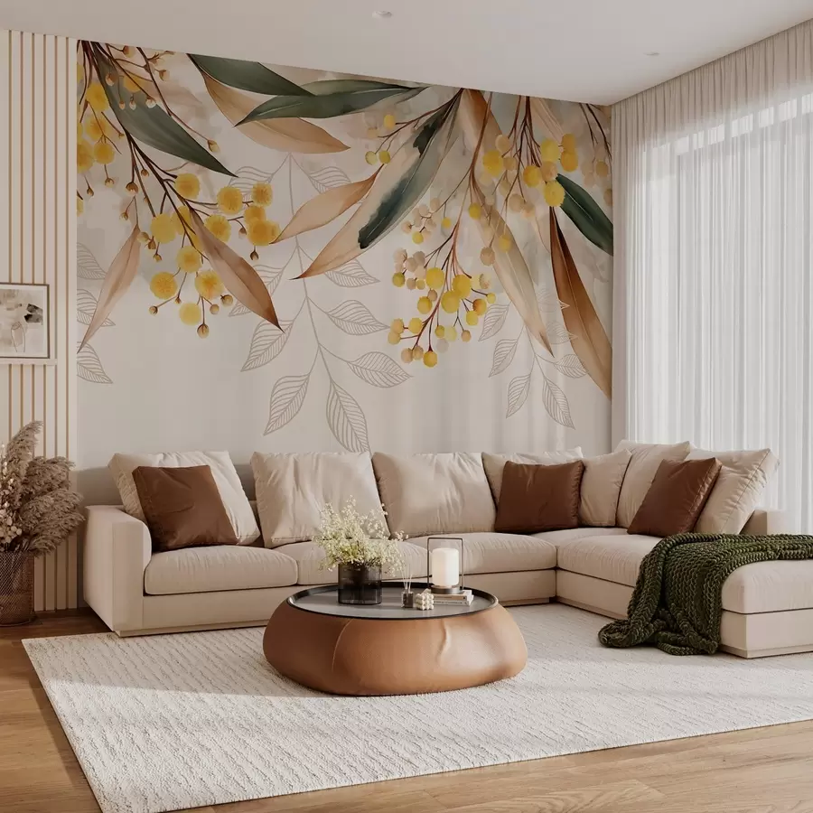 Fototapete Blüten und Blätter der Mimose, die im Aquarellstil von oben herabfallen w04880