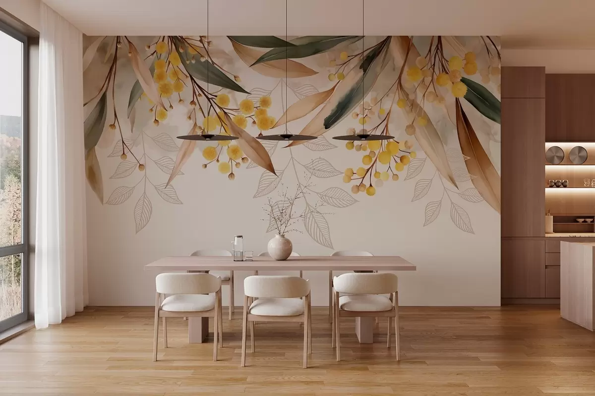 Fototapete Blüten und Blätter der Mimose, die im Aquarellstil von oben herabfallen w04880