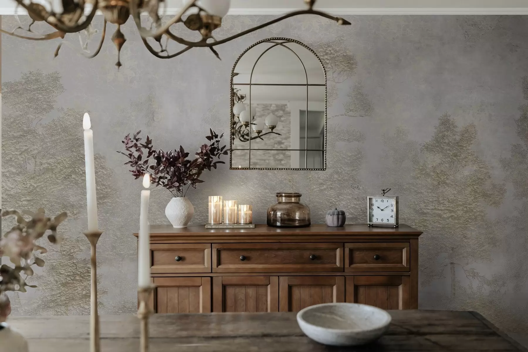 Fototapete Nebelverhangener Wald mit einem weißen Reiher und weicher Textur w04953