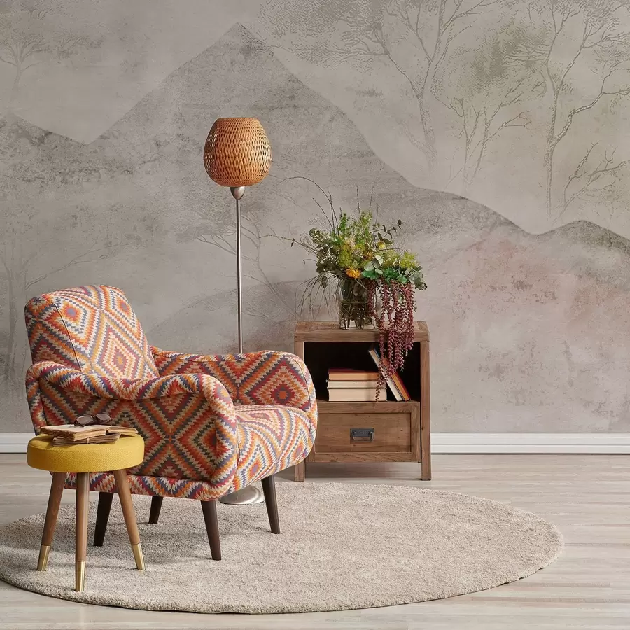 Fototapete Sanfte pastellfarbene Berge und Bäume im leichten Nebel w04954