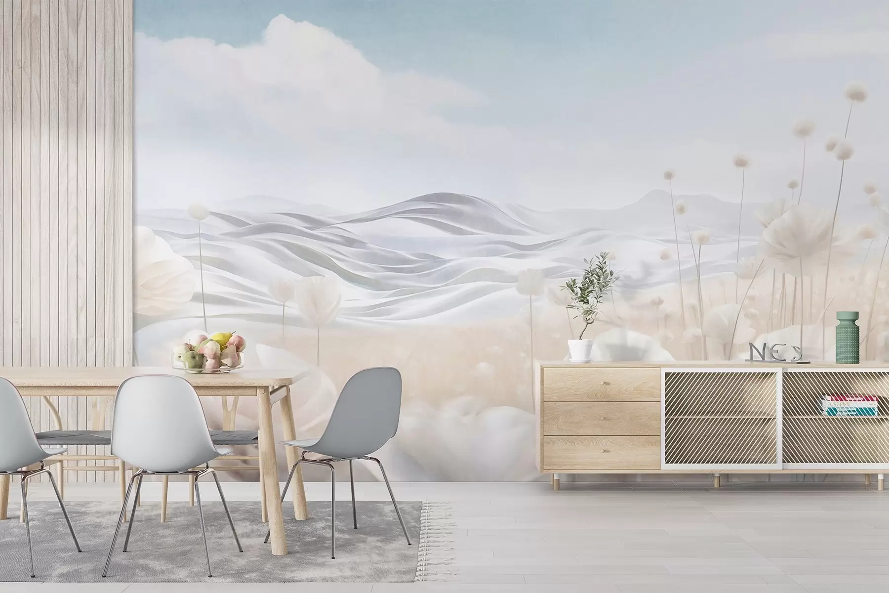 Fototapete Strukturiertes Feld mit cremefarbenen Mohnblumen und sanften Hügeln unter einem hellblauen Himmel mit weichen Wolken, Pastellfarben w09553