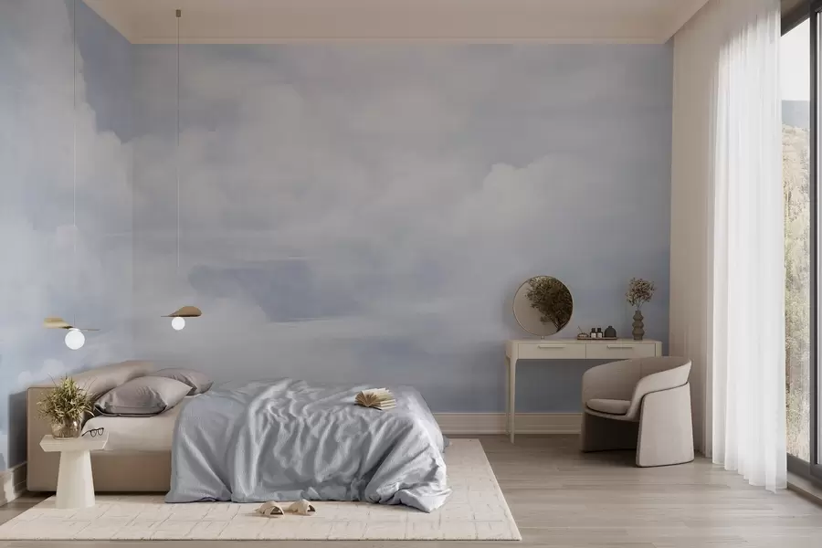 Fototapete Pastellfarbener, strukturierter Himmel voller weißer Wolken mit sanfter und minimalistischer Ästhetik w09589