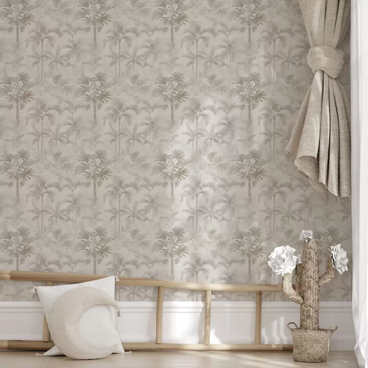 Tapete Nebelverhangener Palmenhain in warmen Beigetönen a00881