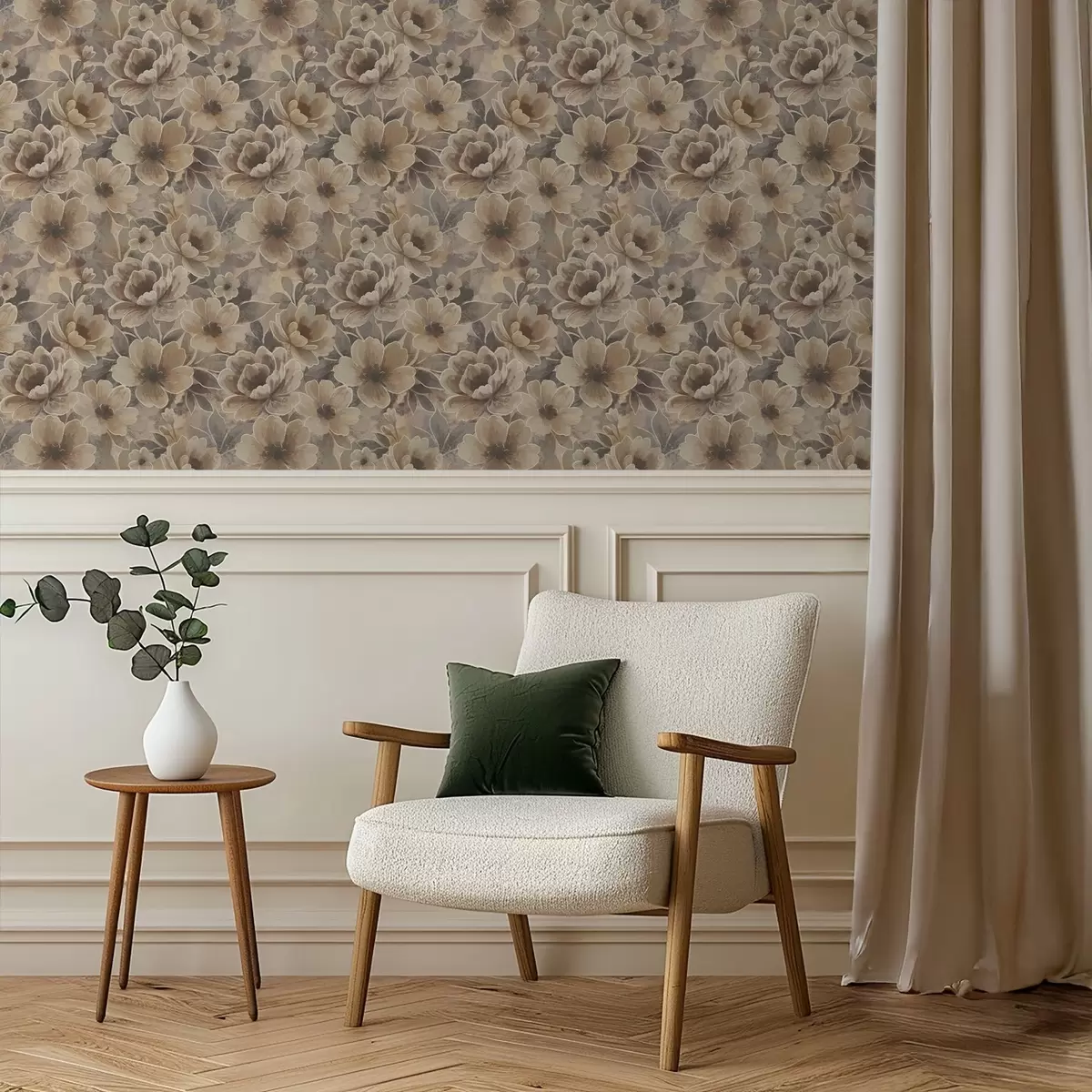 Tapete Malerische beige Blumen auf einem rauchigen abstrakten Hintergrund a00884