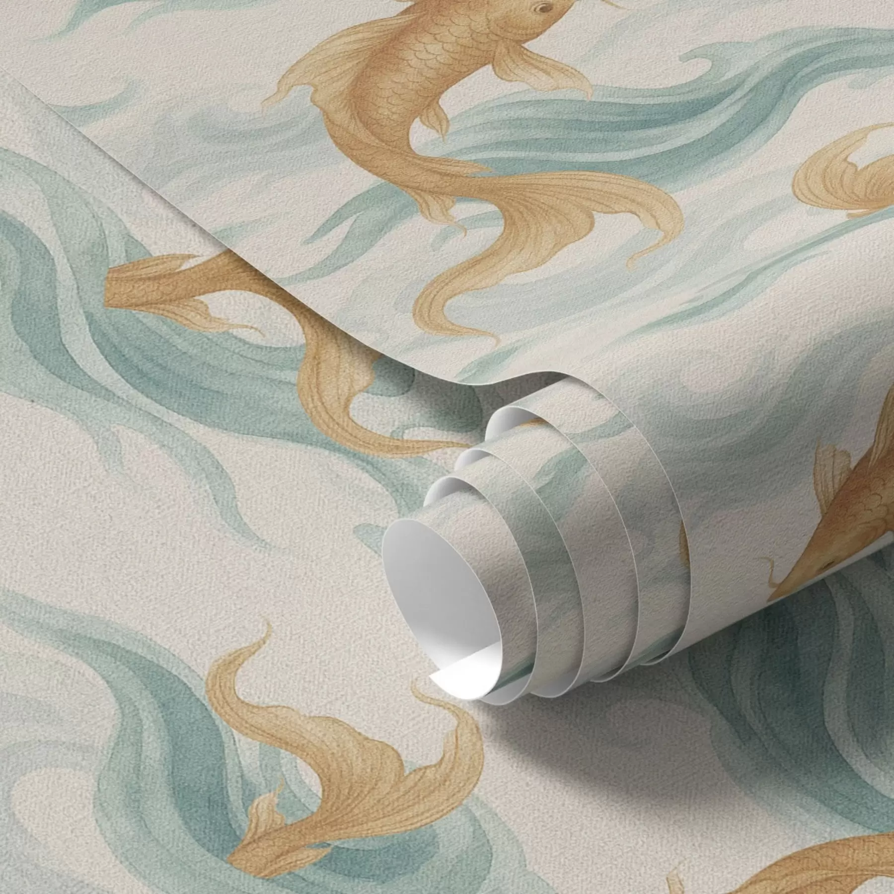 Fototapete Bernsteinfarbener Koi-Fisch schwimmt in sanften türkisfarbenen Wellen a00894