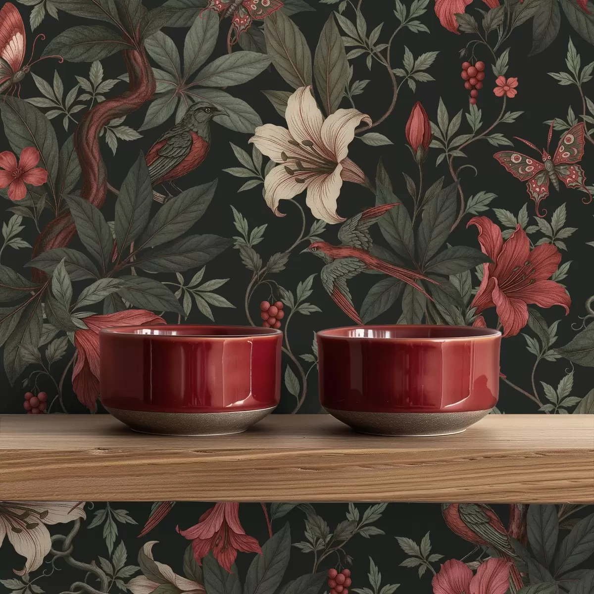 Tapete Dunkle Dschungelblumen mit Vögeln und Schmetterlingen a00895