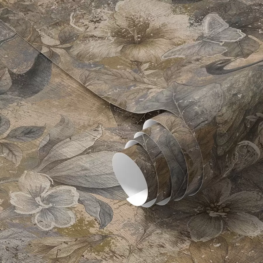 Fototapete Gealterte Blumen-Collage mit Pfauen und Schmetterlingen a00897