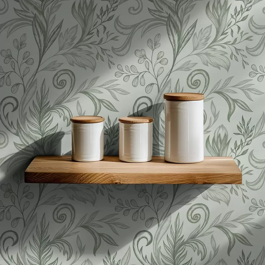 Fototapete Weiche, gewellte Minzblätter in zarten graugrünen Linien a00935v3