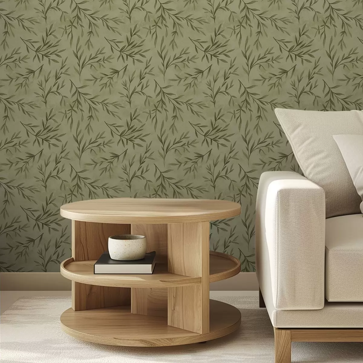 Tapete Olivzweige auf einem gedeckten gelbgrünen strukturierten Hintergrund a00936