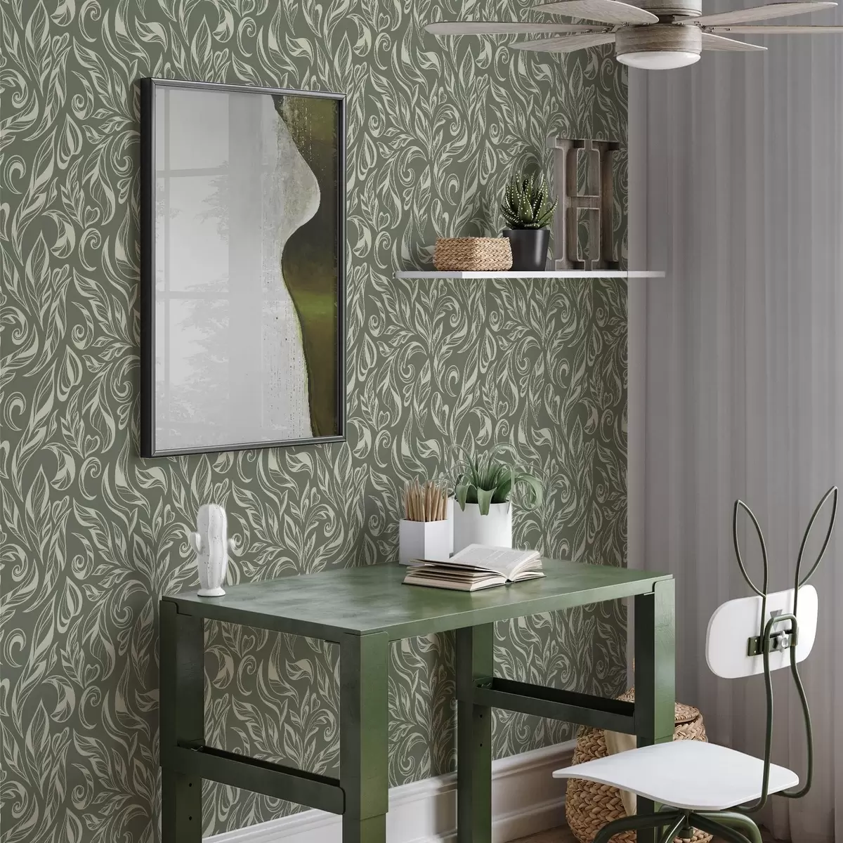 Tapete Cremefarbenes Blattornament auf grünlich-grauem Hintergrund a00940v2