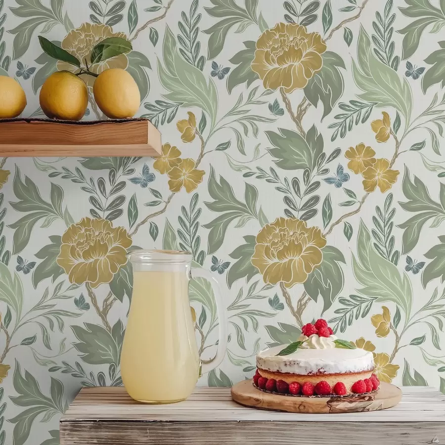 Fototapete Große gelbe Pfingstrosen und Grünpflanzen auf hellem Hintergrund a00941