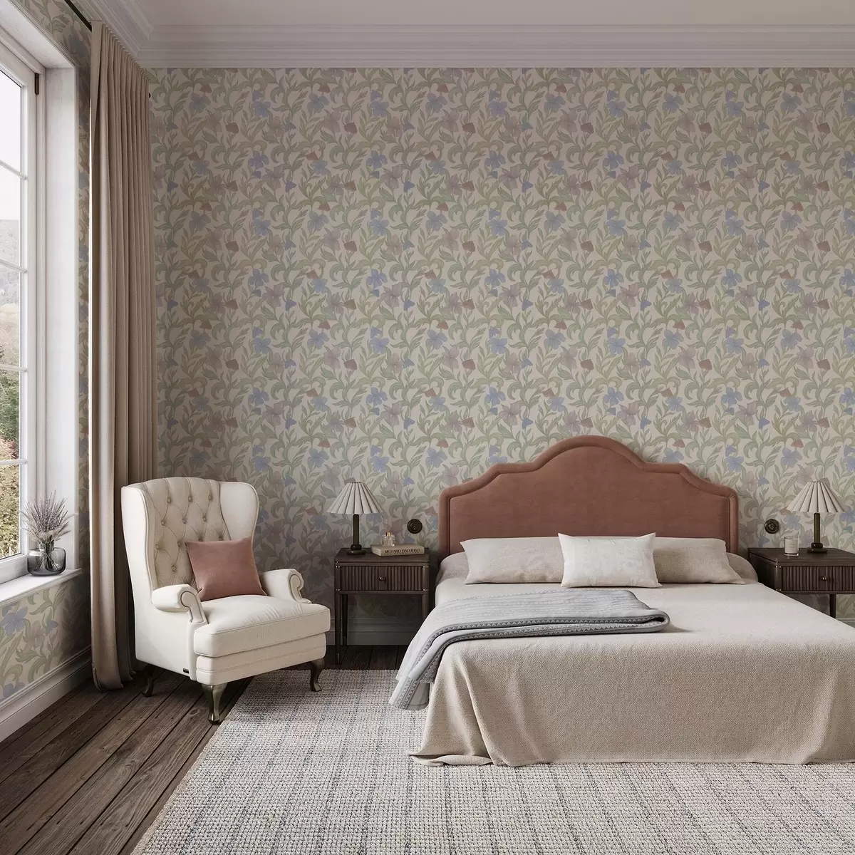 Tapete Pastellfarbene Blumen und Schmetterlinge auf cremefarbenem Hintergrund a00944