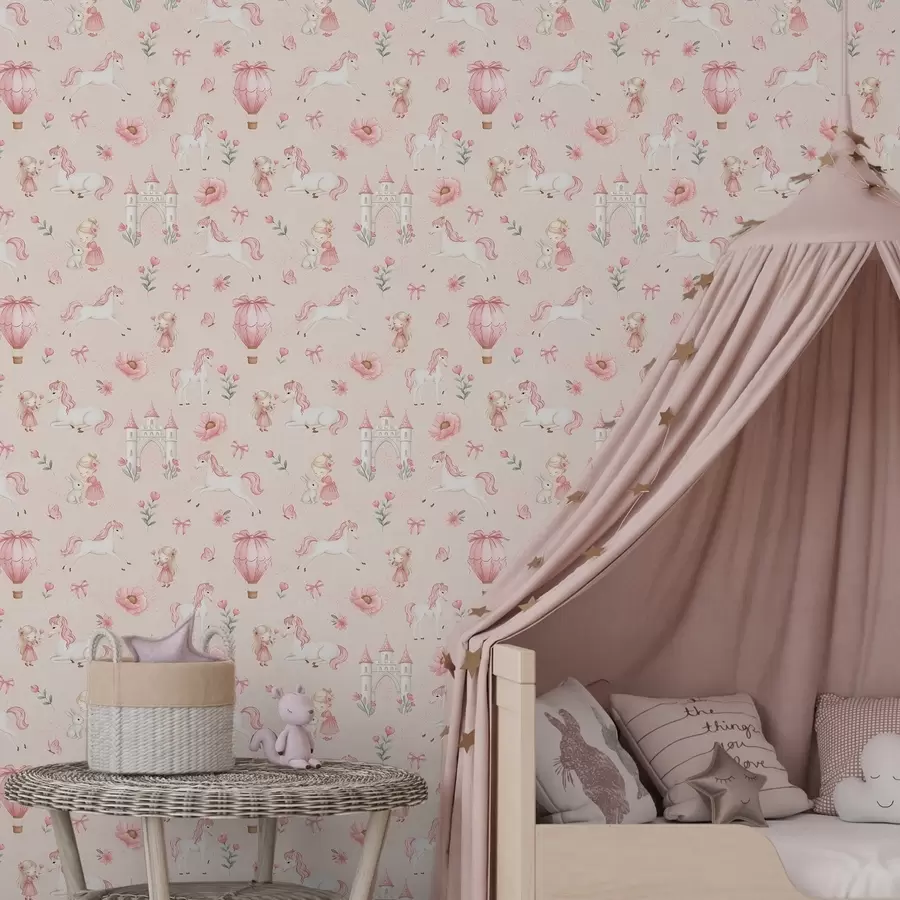 Fototapete Rosa Einhörner, kleine Mädchen und ein Schloss auf einem weichen Hintergrund a00957