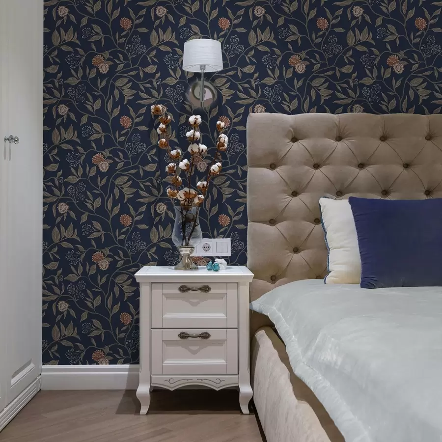 Fototapete Blauer Garten mit Zweigen, Früchten und winzigen Blüten a00959