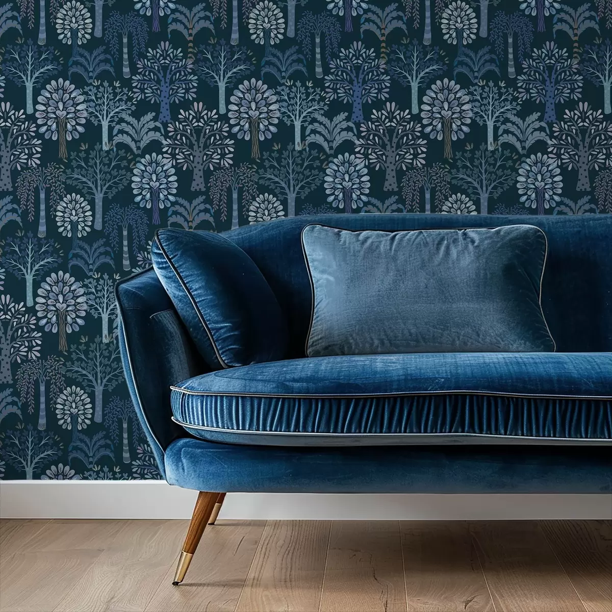 Tapete Nachtwald mit dekorativen Bäumen in Blautönen a00960v2