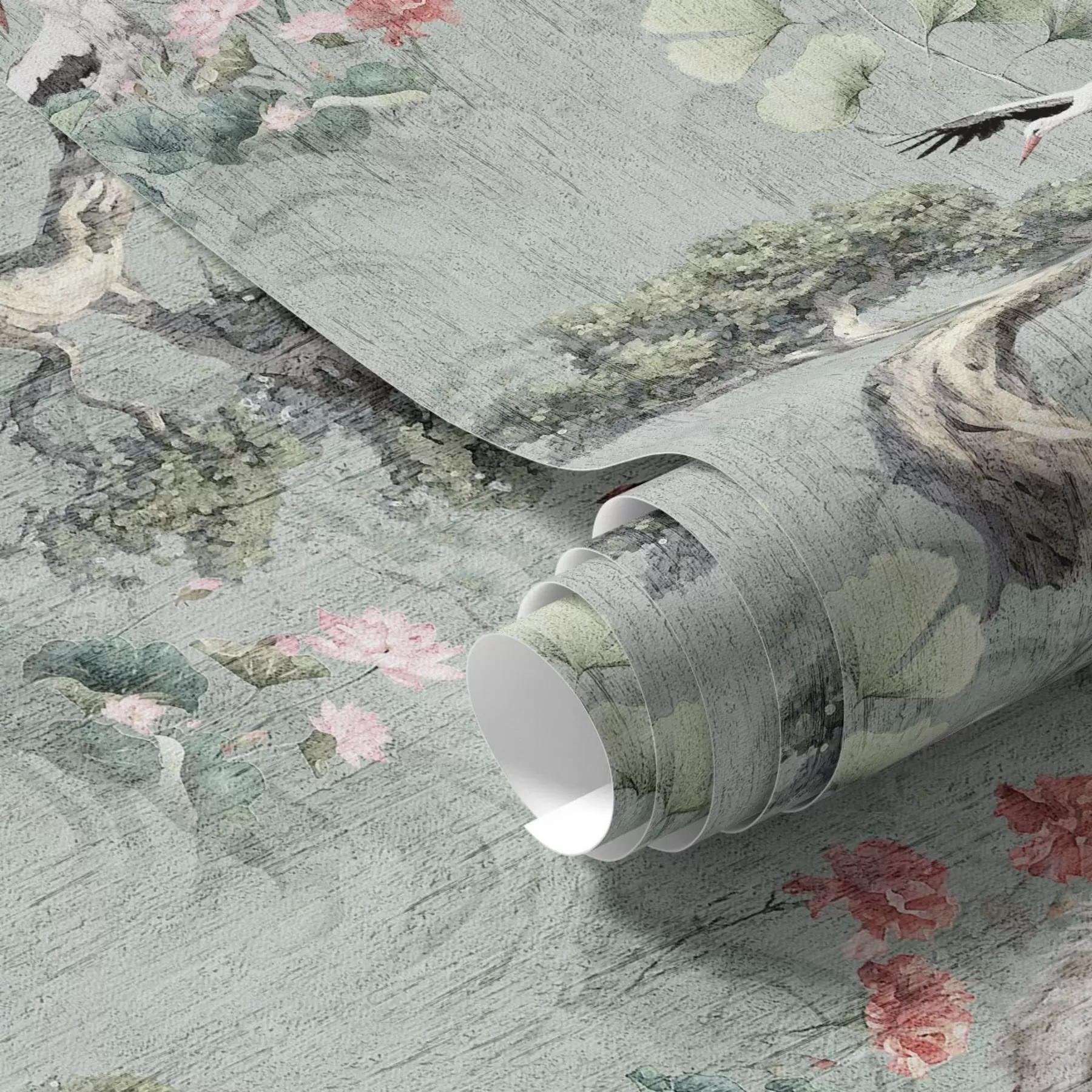 Fototapete Kraniche zwischen Kiefern und Lotusblumen vor einem ruhigen grünen Hintergrund a00962