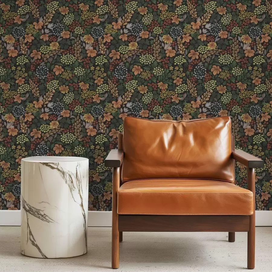 Fototapete Warmer Nachtgarten mit gelben Blumen und üppigem Laub a00996v1