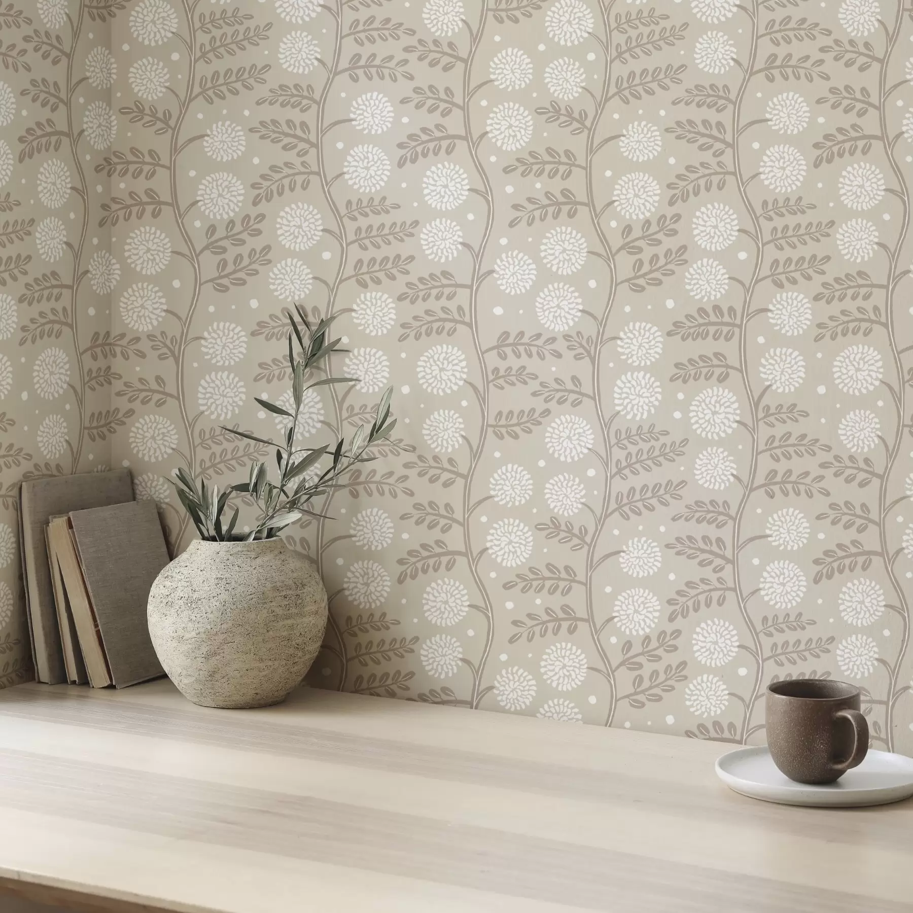 Fototapete Beigefarbene Stiele mit weißen, flauschigen Blüten und zarten Punkten a00997