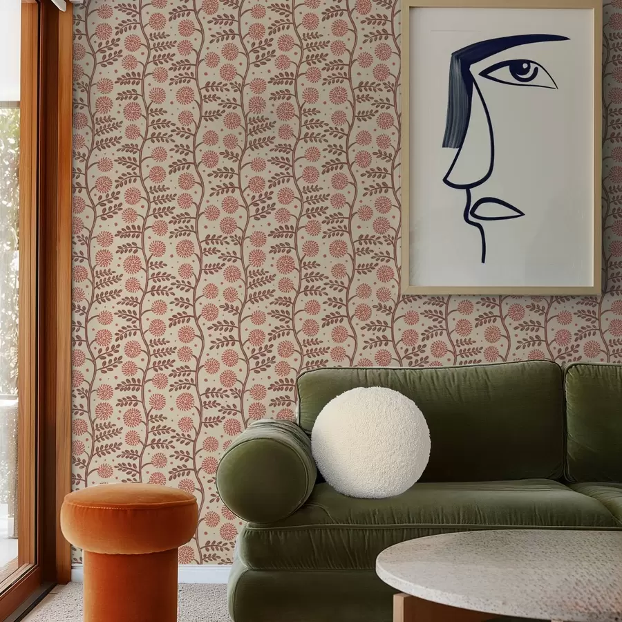 Fototapete Terrakottafarbene Stiele mit korallenroten, flauschigen Blüten auf cremefarbenem Hintergrund a00997v1