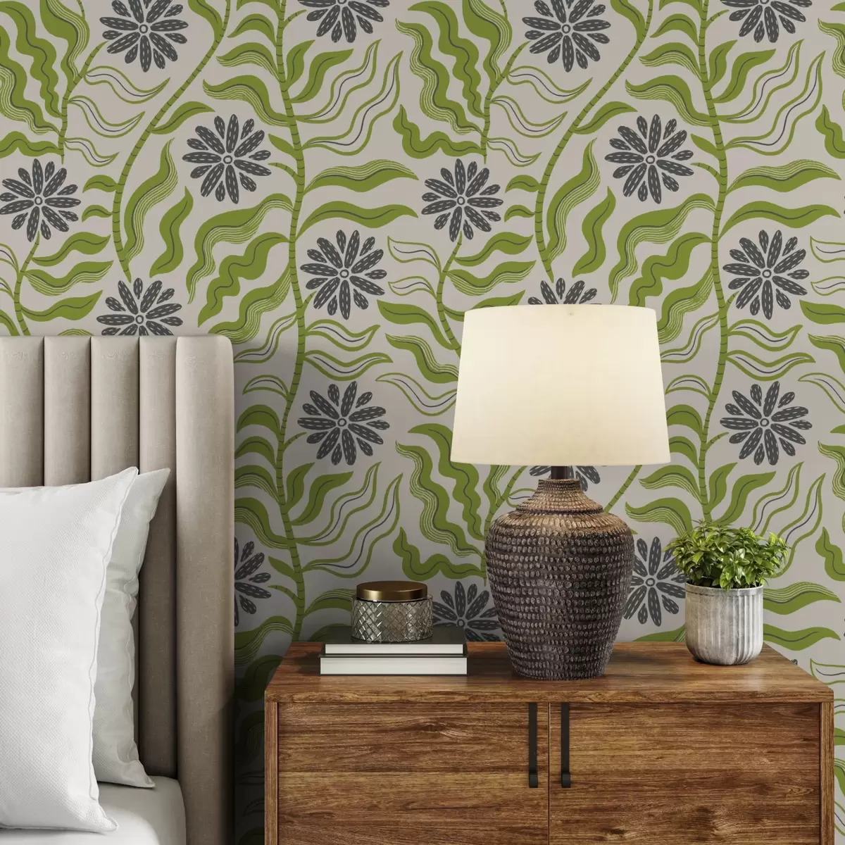 Tapete Verspielte grüne Gänseblümchen mit gewellten Blättern auf cremefarbenem Hintergrund a00998