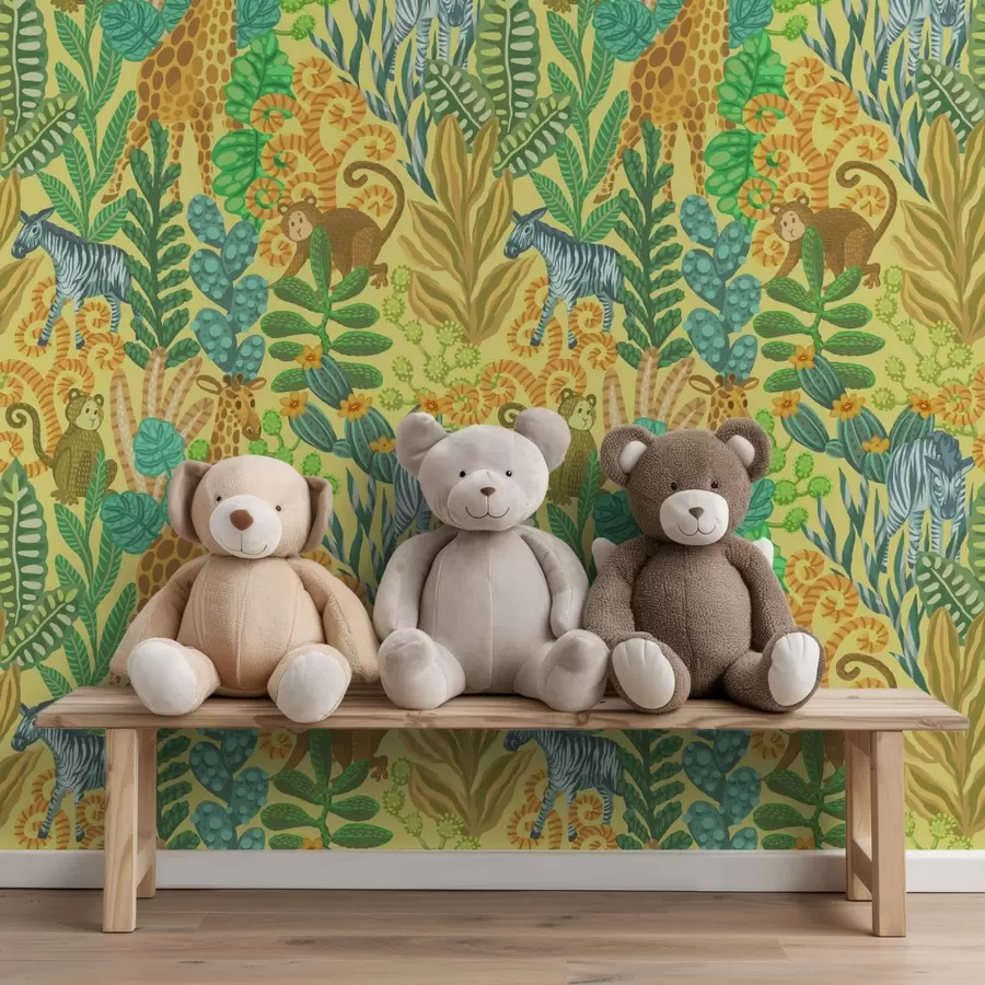 Fototapete Giraffe, Zebra und Affe in einer leuchtend gelben Savanne a01000v1