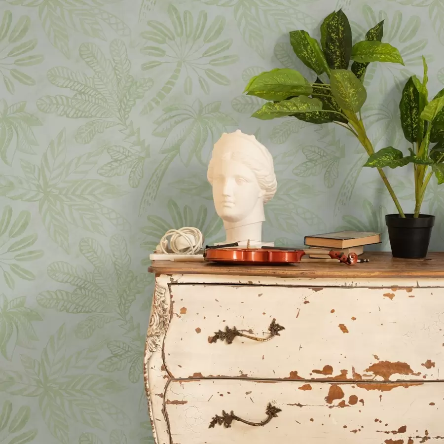 Fototapete Skizzierte tropische Blätter in frischen Hellgrüntönen a01001v1