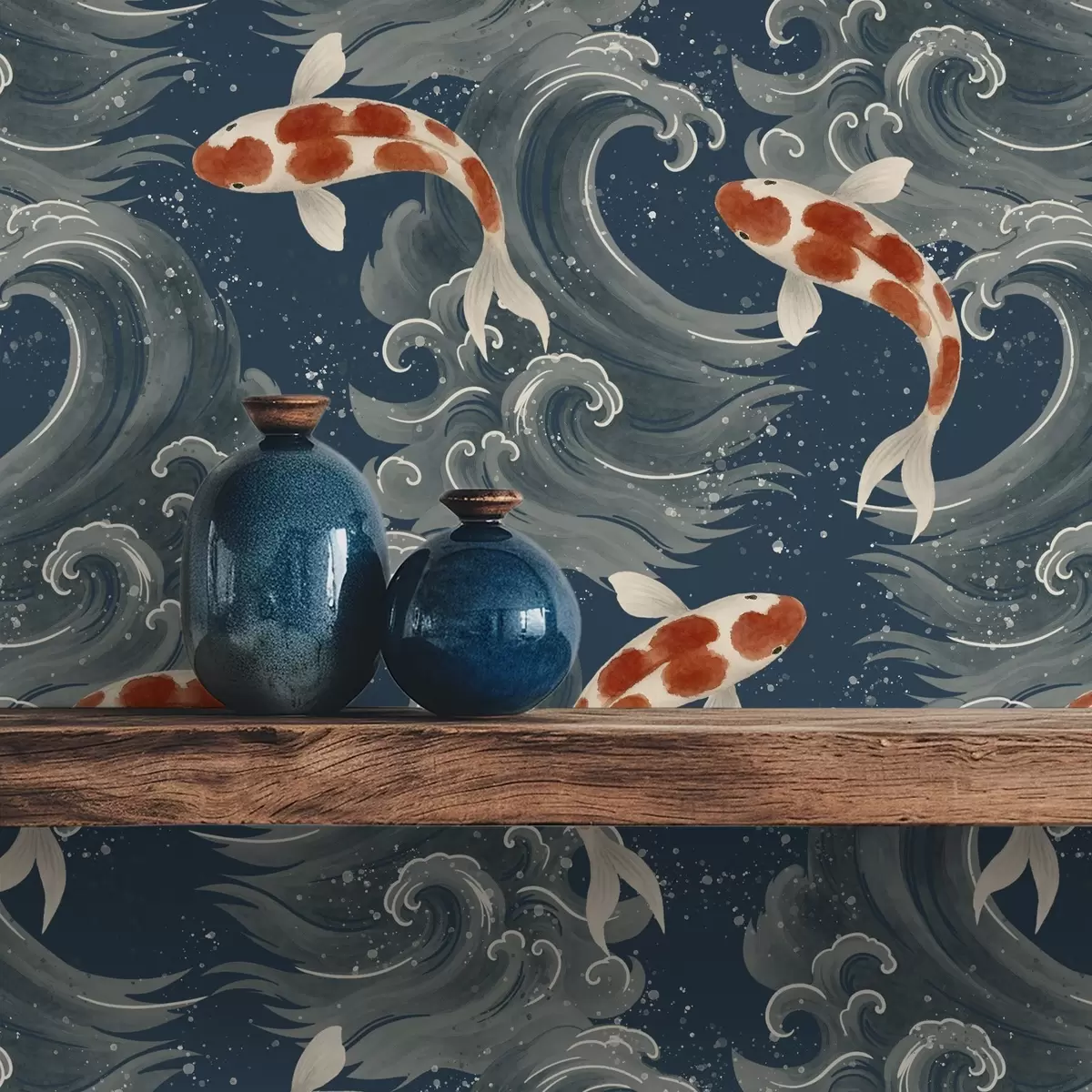 Tapete Koi-Fische schwimmen zwischen dramatischen Meereswellen a01019