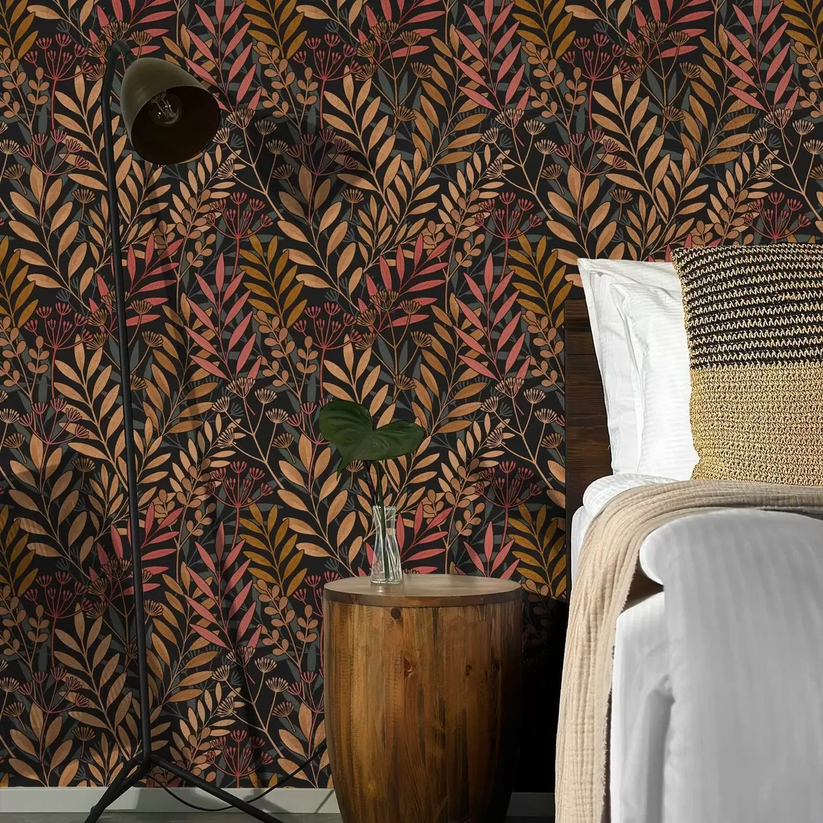 Tapete Dunkle Wiese mit stilisierten Blättern und Samenkapseln a01020