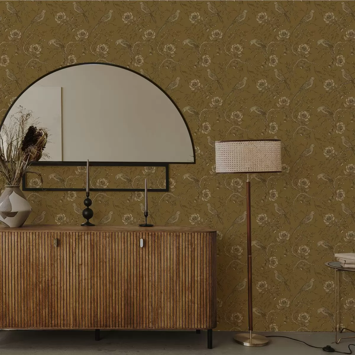 Tapete Vintage-Vögel und Blumen auf warmem olivfarbenem Hintergrund a01022v1