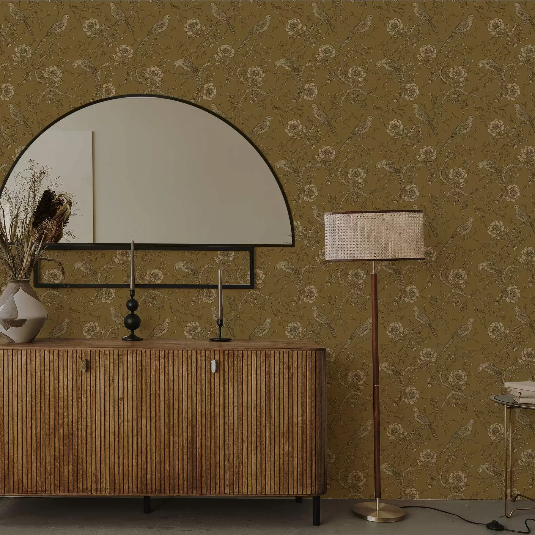 Fototapete Vintage-Vögel und Blumen auf warmem olivfarbenem Hintergrund a01022v1