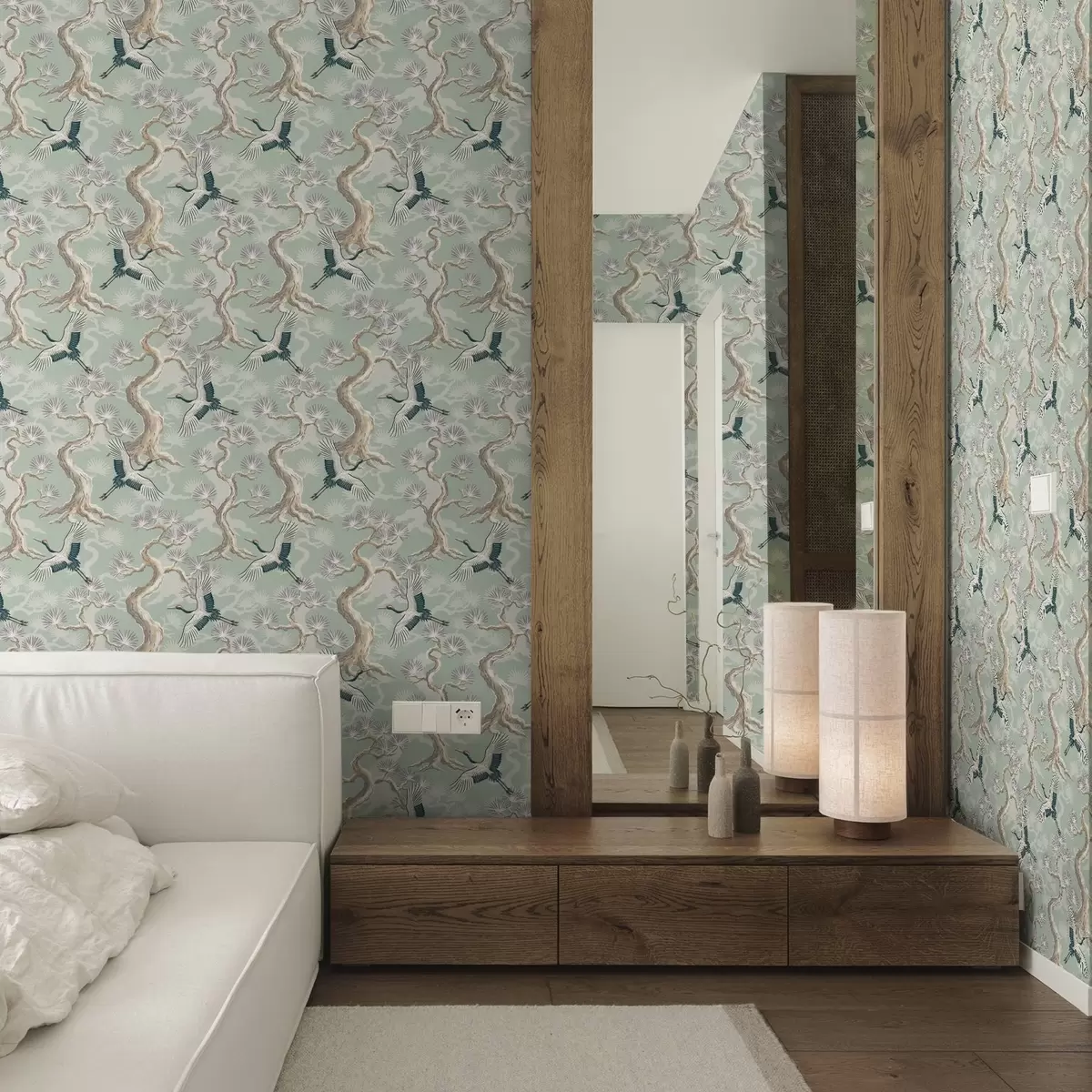 Tapete Kraniche zwischen geschwungenen Ästen auf einem sanften, salbeifarbenen Hintergrund a01023