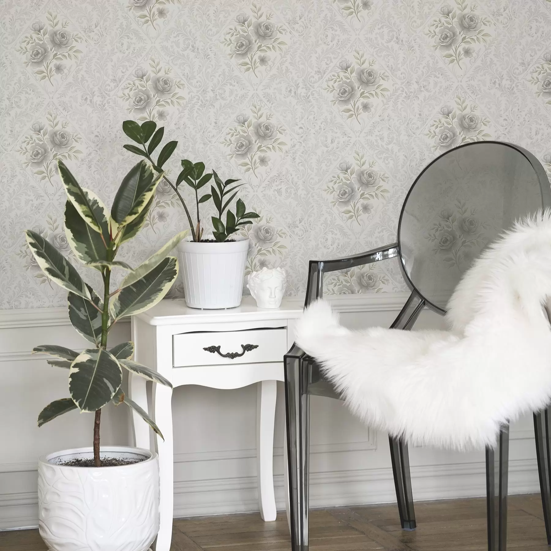 Fototapete Helles Damastmuster mit grauen Rosen in weichen Rauten a01024