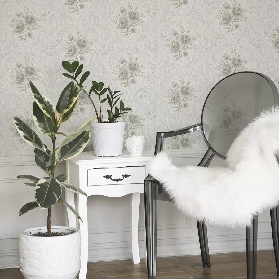 Fototapete Helles Damastmuster mit grauen Rosen in weichen Rauten a01024