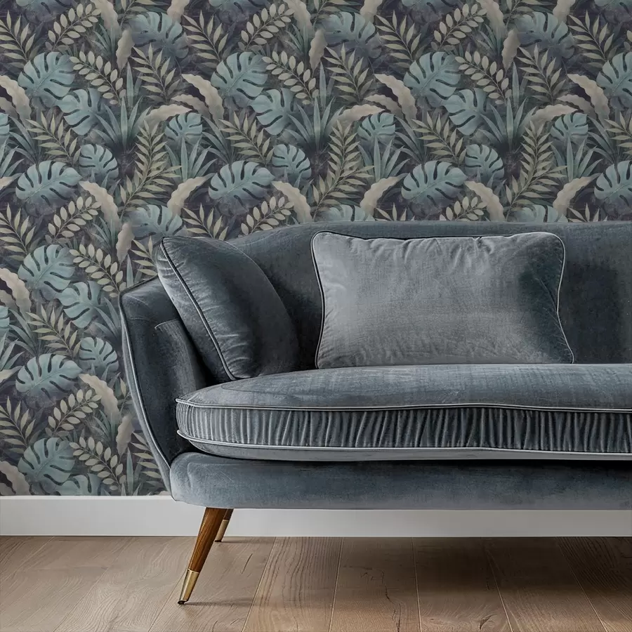 Fototapete Tropisches Laub in kühlen Blaugrüntönen a01035