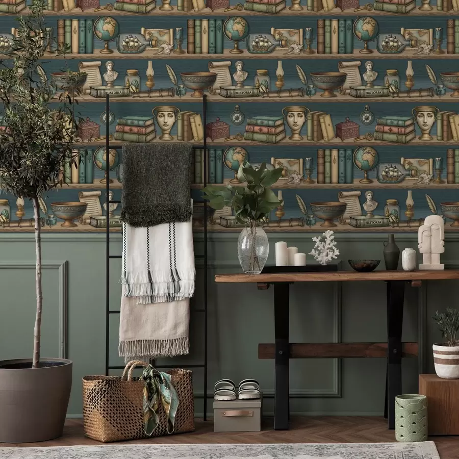 Fototapete Vintage-Regale mit Büchern, einem Globus und Meereskuriositäten a01036