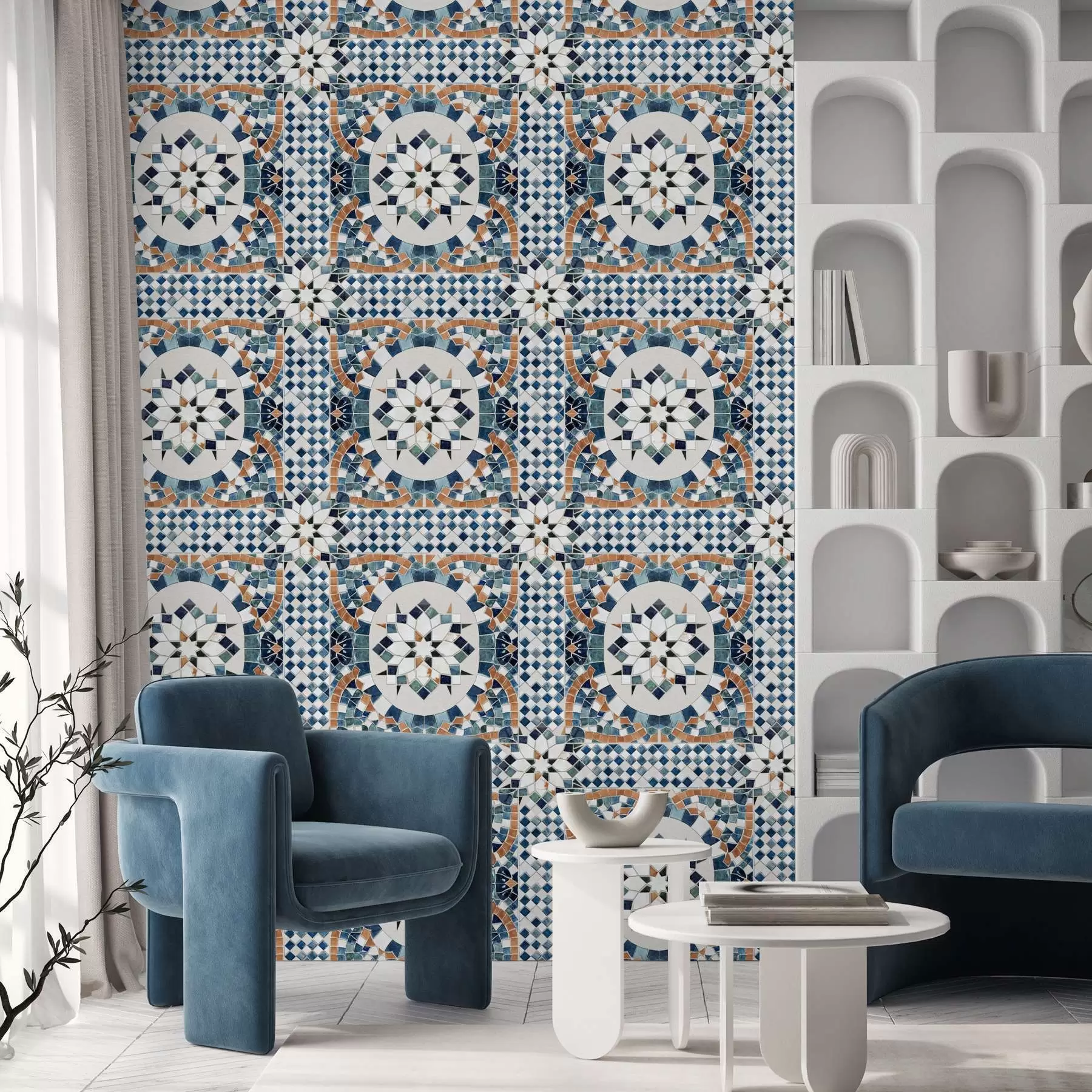 Fototapete Helles marokkanisches Mosaik in Blau-Türkis-Tönen a01043