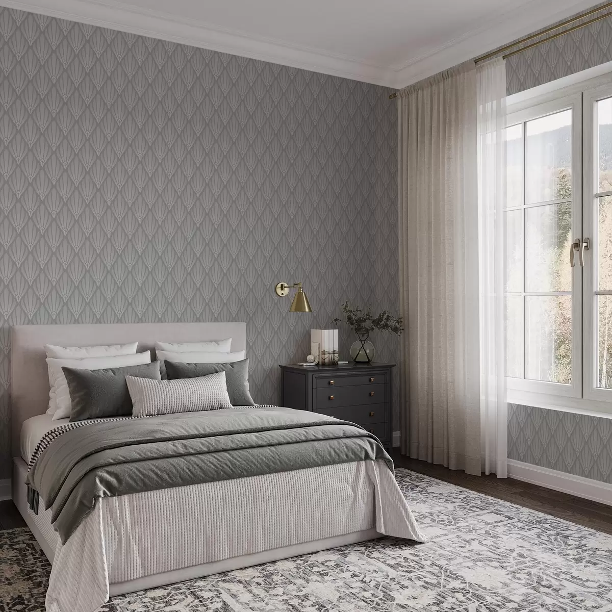 Tapete Graues Art Déco mit fächerförmigen Formen a01064