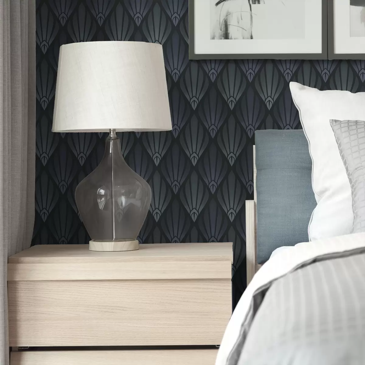 Tapete Kühles Blaugrau im Art-Déco-Stil mit fächerförmigen Formen a01064v3