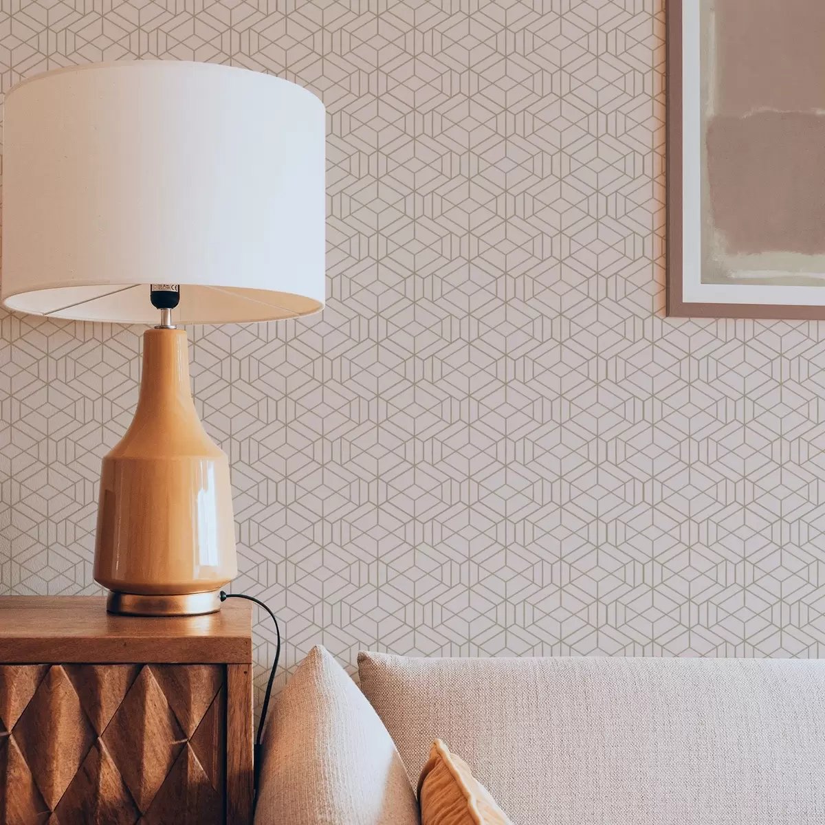 Tapete Warmer beiger Hintergrund mit feinen grafischen Würfeln a01067v3