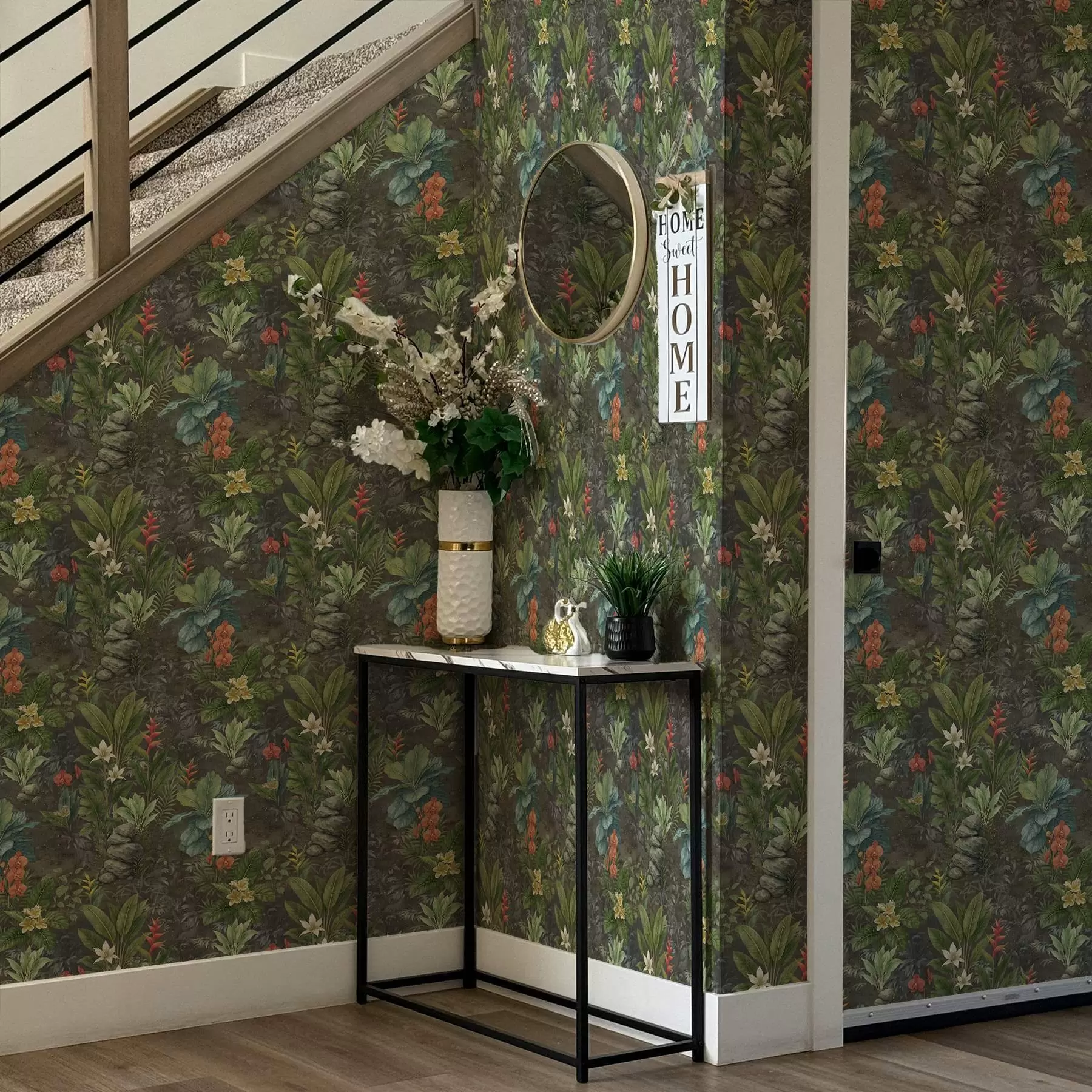 Fototapete Dunkler tropischer Garten mit leuchtenden Blumen und Blättern a01079