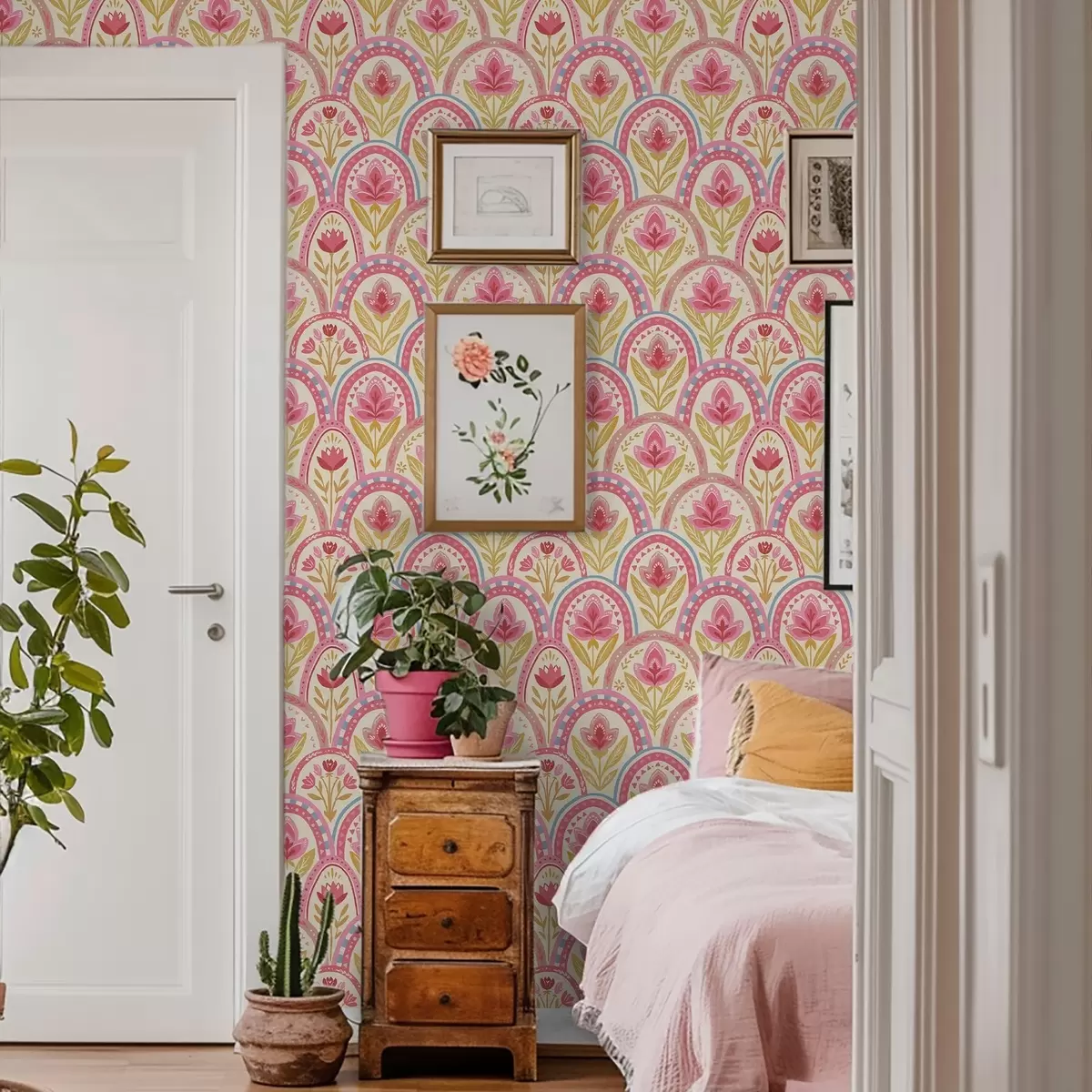 Tapete Bögen mit rosa Blumen in einem volkstümlichen Muster a01080