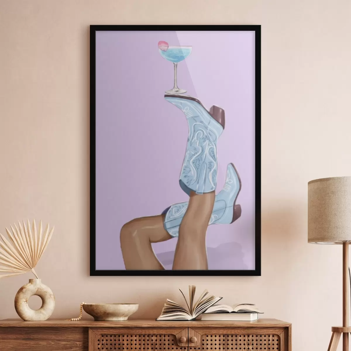 Poster Blaue Stiefel mit einem Glas f46845