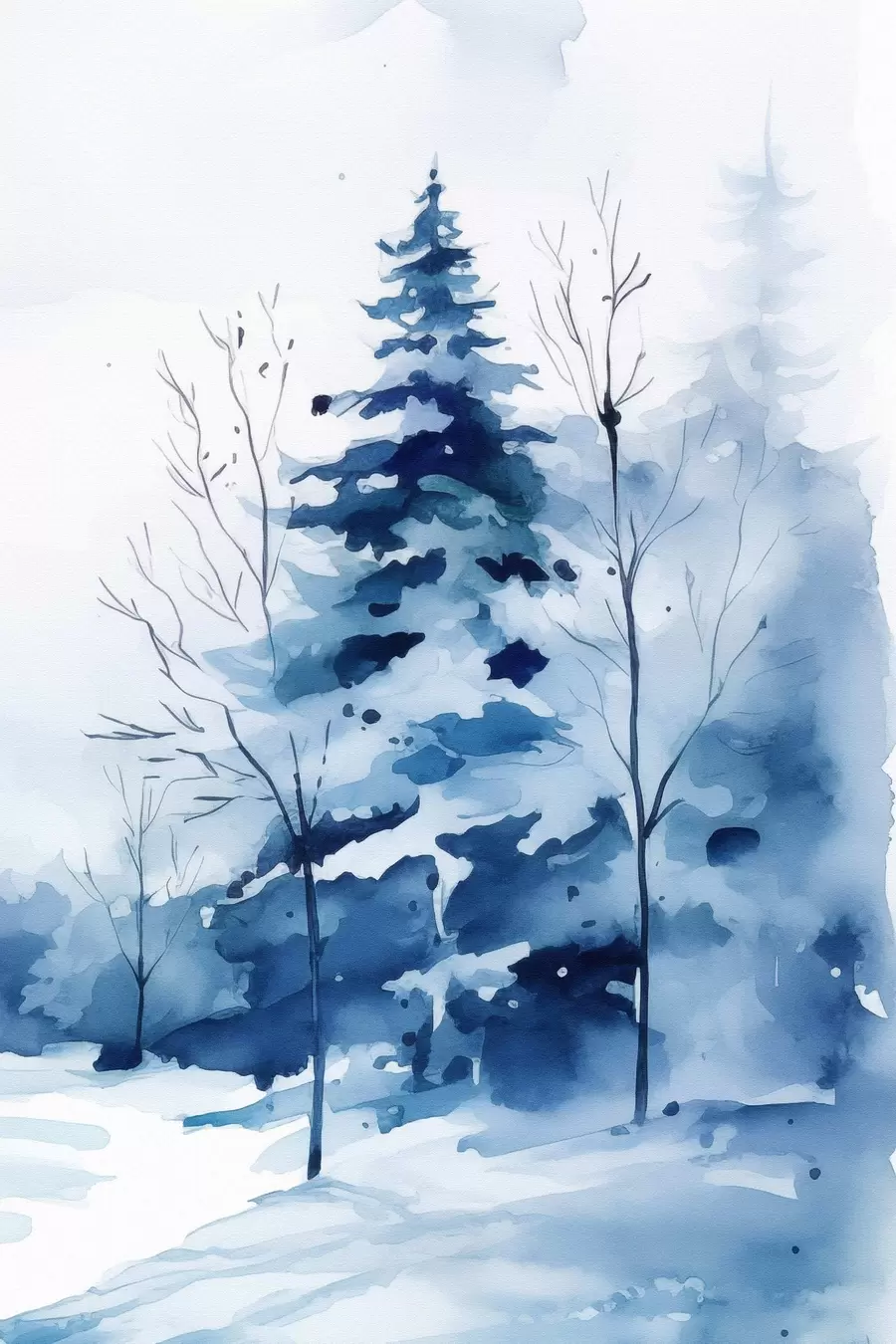 Fototapete Tanne in einem Winterwald, Aquarellimitation f46964
