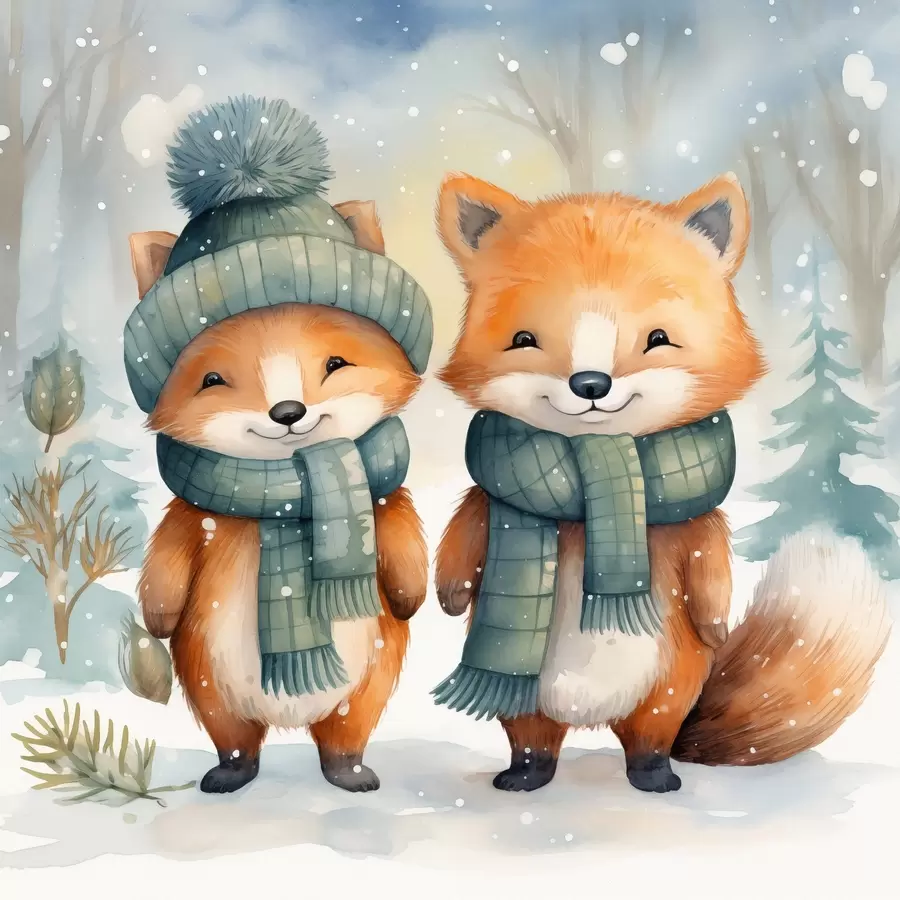 Fototapete Zwei kleine Füchse, Aquarellimitation f46969