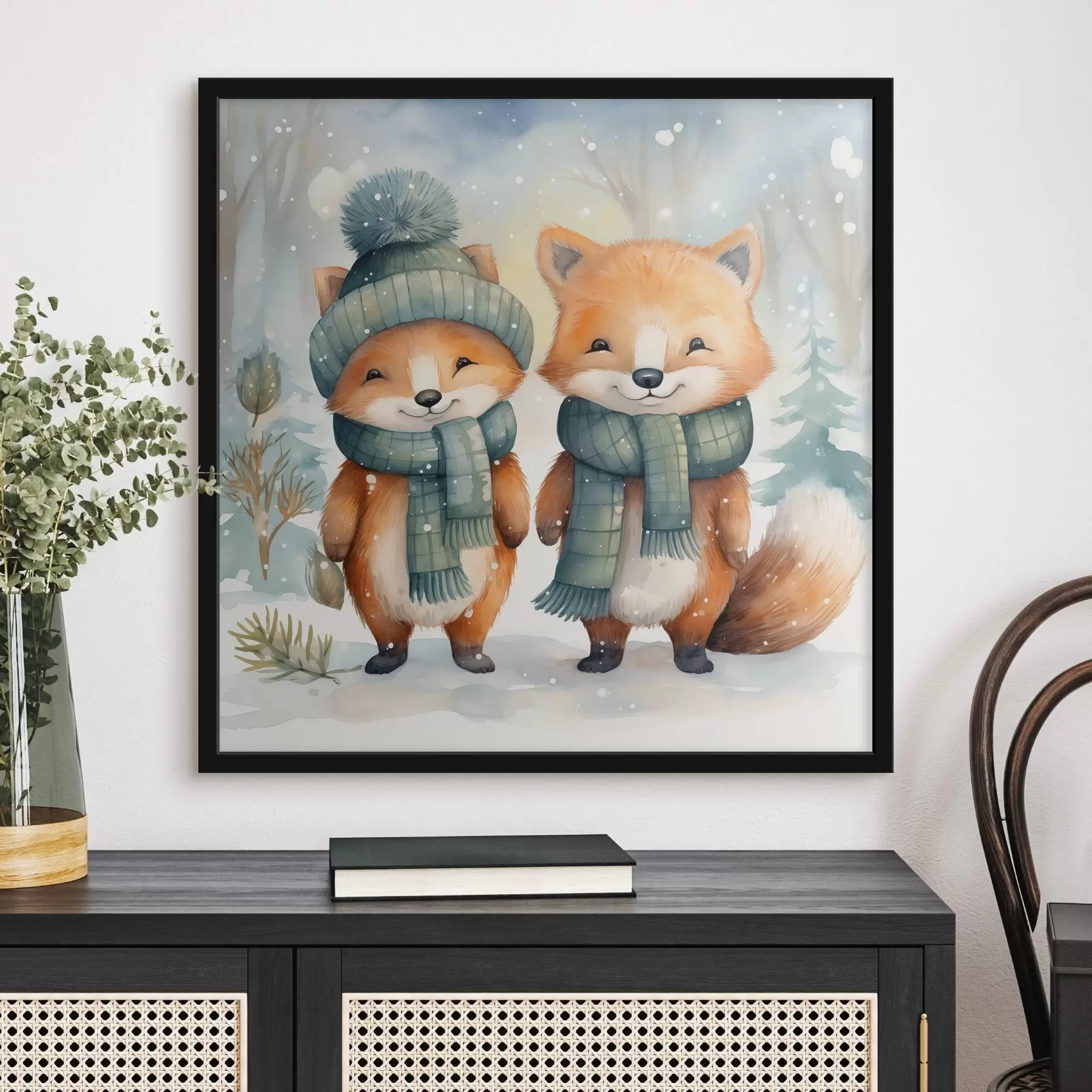 Fototapete Zwei kleine Füchse, Aquarellimitation f46969