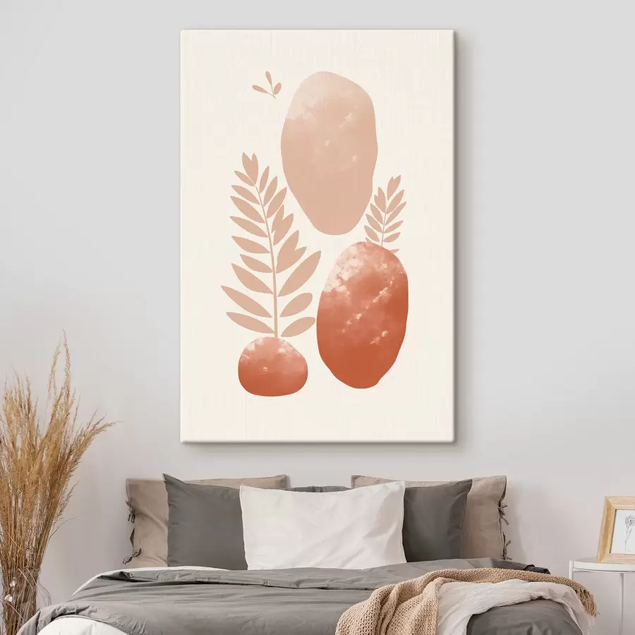 Wandbilder Abstrakte Formen, strukturierte Steine und Blätter in gedeckten Pfirsich- und Terrakottatönen, minimalistisch, cremefarbener Hintergrund s47012